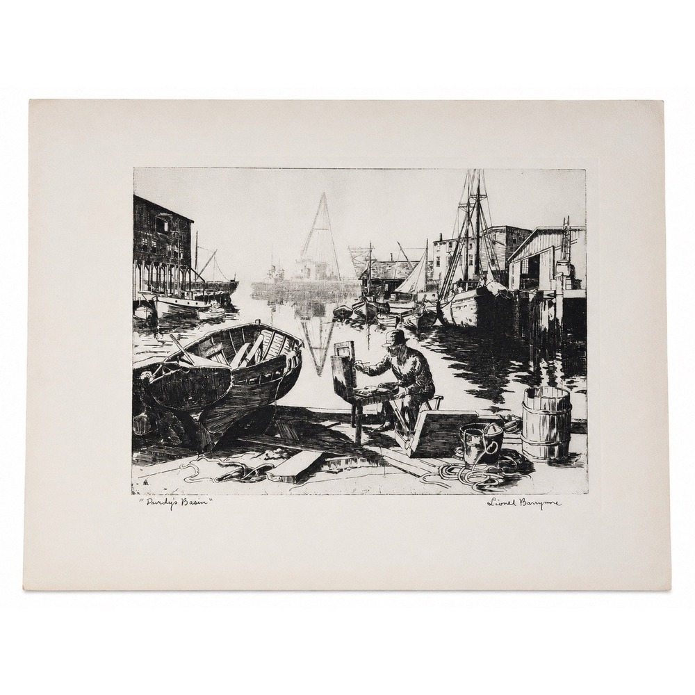Lionel Barrymore "Purdy's Basin" Harbor Scene Etching Print 13x18 Vintage